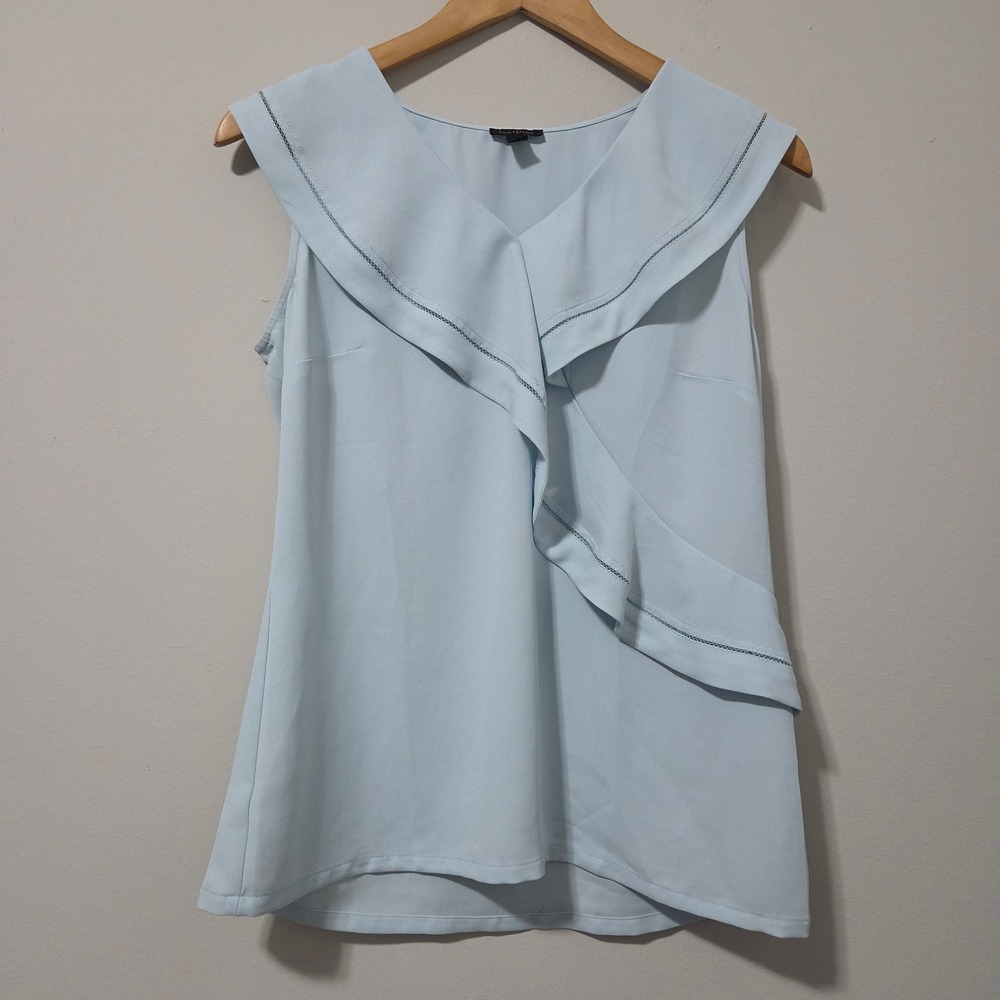 Ann Taylor Light Blue Ruffle V-Neck Sleeveless Blouse Top Size 4 497434